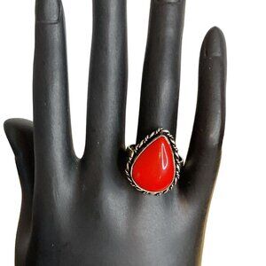 925 Stamped Red Coral Teardrop Womens Ring